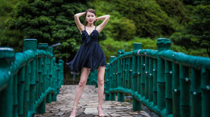 Asian Model Women Long Hair Dark Hair Bridge Barefoot Sandal Blue Dress Earring Bracelets Trees Dept 3840x2560 Wallpaper
