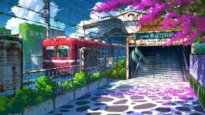 Digital Art Artwork Illustration Environment Train Station Train Clouds Plants Colorful Trees Petals 2339x1654 Wallpaper