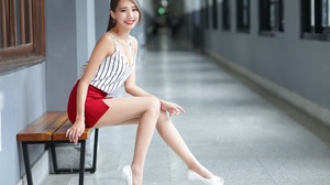 Asian Model Women Long Hair Dark Hair Sitting Bench Red Skirt White High Heels Striped Shirt Ponytai 3840x2692 Wallpaper