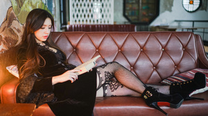 Asian Model Women Long Hair Dark Hair Sitting Couch High Heels 2560x1707 Wallpaper