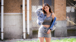 Asian Model Women Long Hair Dark Hair Fence Denim Skirt Jeans Jacket Short Tops Necklace Bricks Gras 3840x2560 Wallpaper