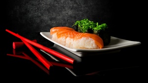 Sushi Food Still Life Dark Background Chopsticks Salmon Rice 3840x2160 Wallpaper