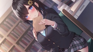 Anime Anime Girls Schoolgirl School Uniform Blushing Blue Eyes Books Library 3600x2545 Wallpaper