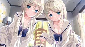 Anime Anime Girls Twins Artwork Shimofuri Takenoko Ash Blonde Blue Eyes Blush Licking Lips School Un 4175x2976 Wallpaper