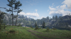 Red Dead Redemption 2 Nature Mountain View Clouds Video Games Sky Trees Path Water Mountains CGi Lan 3840x2160 Wallpaper