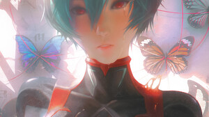 Paul Nong CGi Ayanami Rei Neon Genesis Evangelion Blue Hair Red Eyes Tears Butterfly Vertical Anime  1920x2844 Wallpaper