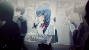 Anime Anime Girls Blue Hair Long Hair Closed Eyes Books Butterfly Backpacks Metro Long Nails Train S 2162x1528 Wallpaper