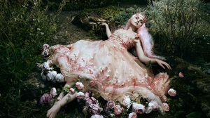 Dress Flower Girl Long Hair Lying Down Peony Pink Hair Woman 1920x1440 Wallpaper