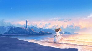 Anime Girls Beach Light House Bottles White Dress Profile Crescent Moon Moon Water Waves Sky Clouds  3200x1800 Wallpaper
