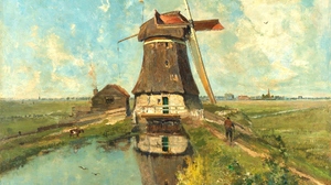 Painting Classical Art Landscape Windmill Paul Gabriel Artwork 1920x1080 Wallpaper