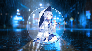 Picture In Picture Anime Girls Anime Rain Vocaloid Stardust Vocaloid Umbrella Blue Hair Yellow Eyes 1920x1080 Wallpaper