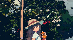 Cogecha Anime Anime Girls Portrait Display Long Hair Hat Sky Looking At Viewer Clouds Smiling Straw  1809x4096 wallpaper