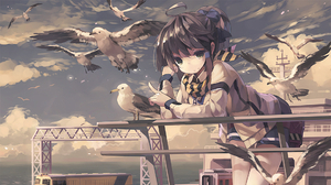 Scarf Brown Eyes Brunette Sea Gulls Sea Clouds Sky Finger Pointing Leaning Anime Girls Outdoors Rail 1920x1080 wallpaper