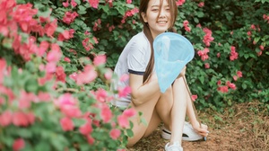 Women Model Asian Chinese Model Brunette Twintails Legs Smiling Flowers 2700x1800 Wallpaper