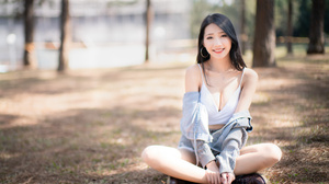 Asian Model Women Long Hair Dark Hair Sitting Legs Crossed 3280x2188 Wallpaper