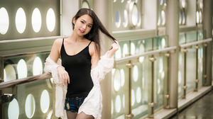 Asian Model Women Long Hair Brunette Black Shirt Shorts Jeans Jacket Nylons Railing Leaning 3840x2561 Wallpaper