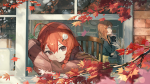 Anime Anime Girls Kobuta Artwork Fall Window Brown Eyes Redhead Brunette Smiling Sweater 1755x1021 Wallpaper