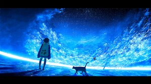 Anime Girls Cats Clouds Backpacks Animals Sky Stars Shadow 1900x1069 Wallpaper