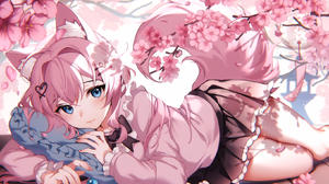 Anime Anime Girls Fox Girl Fox Ears Fox Tail Looking At Viewer Lying Down Petals Flowers Branch Pink 1638x1001 Wallpaper