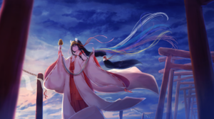 Windy Traditional Clothing Long Hair Dark Hair Japanese Clothes Miko Anime Girls Torii 7128x3629 Wallpaper