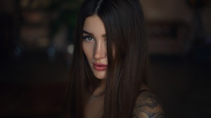 Sergey Zhirnov Women Brunette Straight Hair Tattoo Brown Eyes Necklace Depth Of Field Portrait 1920x1080 Wallpaper