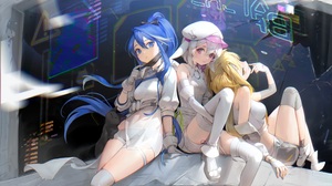 Anime Anime Girls Blue Hair Blonde White Hair Blue Eyes Purple Eyes Digital Art 2500x1524 Wallpaper