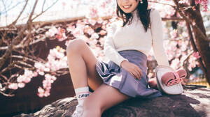 Sexy Funk Pig Women Asian Hat Dark Hair Casual Sneakers Pink Flowers Smiling Skirt Legs 2048x3072 Wallpaper