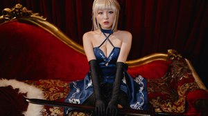 Asian Model Women Long Hair Sitting Blonde Ponytail Couch Sword Cosplay Dress Hairband Black Gloves  3840x2560 Wallpaper