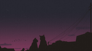 Cats Night Digital Art Evening LoFi Silhouette Peaceful Suburb Simple Background Minimalism 3840x2160 Wallpaper