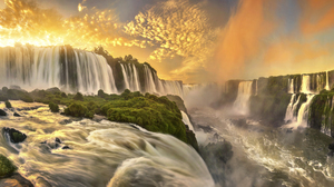 Brazil Glow Iguazu Falls Sunset Waterfall 4000x1675 Wallpaper