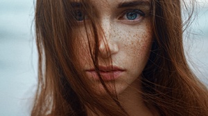 Women Model Face Freckles Portrait Hair In Face Blue Eyes Long Hair Anastasia Nelen 1619x2024 Wallpaper