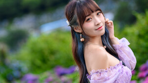 Robin Huang Women Asian Dark Hair Bangs Makeup Glamour Eyeshadow Bare Shoulders Purple Dress Depth O 3072x2048 Wallpaper