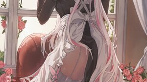 Anime Anime Girls Vertical Maid Maid Outfit Window Flowers Looking Back Looking At Viewer Long Hair  1906x3200 Wallpaper