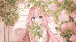 Anime Anime Girls Long Hair Looking At Viewer Flowers Leaves Blushing Bouquet Pink Hair Blue Eyes 1829x1169 Wallpaper