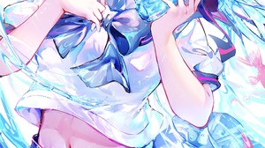 Anime Anime Girls Pixiv Colorful Vocaloid Hatsune Miku Blue Hair Blue Eyes Smiling Fish Animals Look 2462x4096 Wallpaper