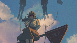 Anime Girls JK School Skirt Red Eyes Sky Neg Vertical Tie Clouds 2480x3508 Wallpaper