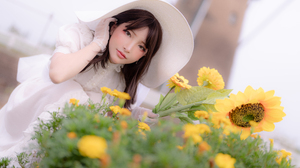 Women Model Asian Women Outdoors Women With Hats Brunette Dress White Clothing Sunflowers 8640x5760 wallpaper