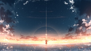 Anime Sunset Starred Sky The Place Promised In Our Early Days Stars Violin Musical Instrument 2204x1240 Wallpaper