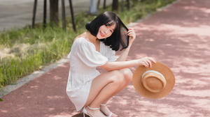 Asian Model Women Barefoot Sandal Straw Hat White Dress Depth Of Field Grass Looking At Viewer Black 1920x1280 Wallpaper