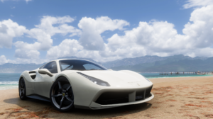 Forza Horizon 5 Ferrari Screen Shot Video Games CGi Front Angle View Clouds Beach Sand Water Car 2560x1600 Wallpaper