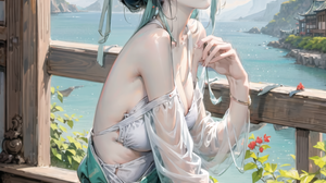 Portrait Illustration Fantasy Girl China Gufen Vertical Dress Leaves Water Hairbun Branch Looking At 1080x1920 Wallpaper