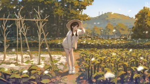 Hua Ming Wink Illustration Artwork Anime Girls Straw Hat Ridge Women Outdoors 5465x2842 Wallpaper