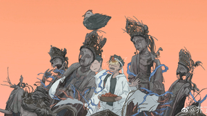 Sinicism Buddhism Sculpture Anime Boys Closed Eyes Scars Simple Background Orange Background Minimal 4783x2000 Wallpaper