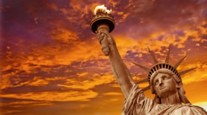 Statue Of Liberty CGi Photo Manipulation Sunset Sunset Glow Clouds Torches Fire Sky Digital Art 1920x1272 wallpaper