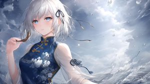 Kristin Lina Digital Art Anime Girls Chinese Dress Clouds Water Water Drops 2048x1152 Wallpaper