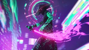 Samurai Cyberpunk Futuristic People Sword Neon Digital 3840x2160 Wallpaper