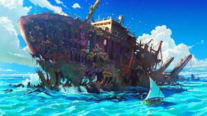 VSales Digital Art Artwork Illustration Landscape Sea Water Boat Clouds Ruins Sky Shipwreck Sailing  6038x3032 Wallpaper