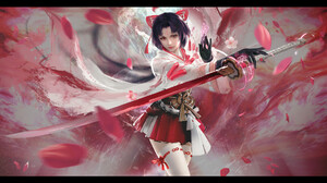 Su Mo Drawing Women Blue Hair Petals Red Pink Katana Skirt Ribbon Weapon Sword Gloves 1920x1045 Wallpaper