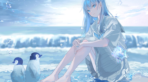 Anime Anime Girls Animals Birds Penguins Sitting Cyan Nails Painted Nails Long Hair Sutera Sea Artwo 2823x2009 Wallpaper