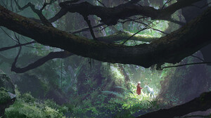 Su Jian Illustration Artwork Fantasy Art Forest Deer Jungle Children 1920x805 Wallpaper